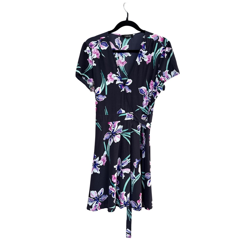 Yumi Kim Wrap Dress Women Navy Blue Floral‎ Silk V-Neck Boho Mini SIZE Large